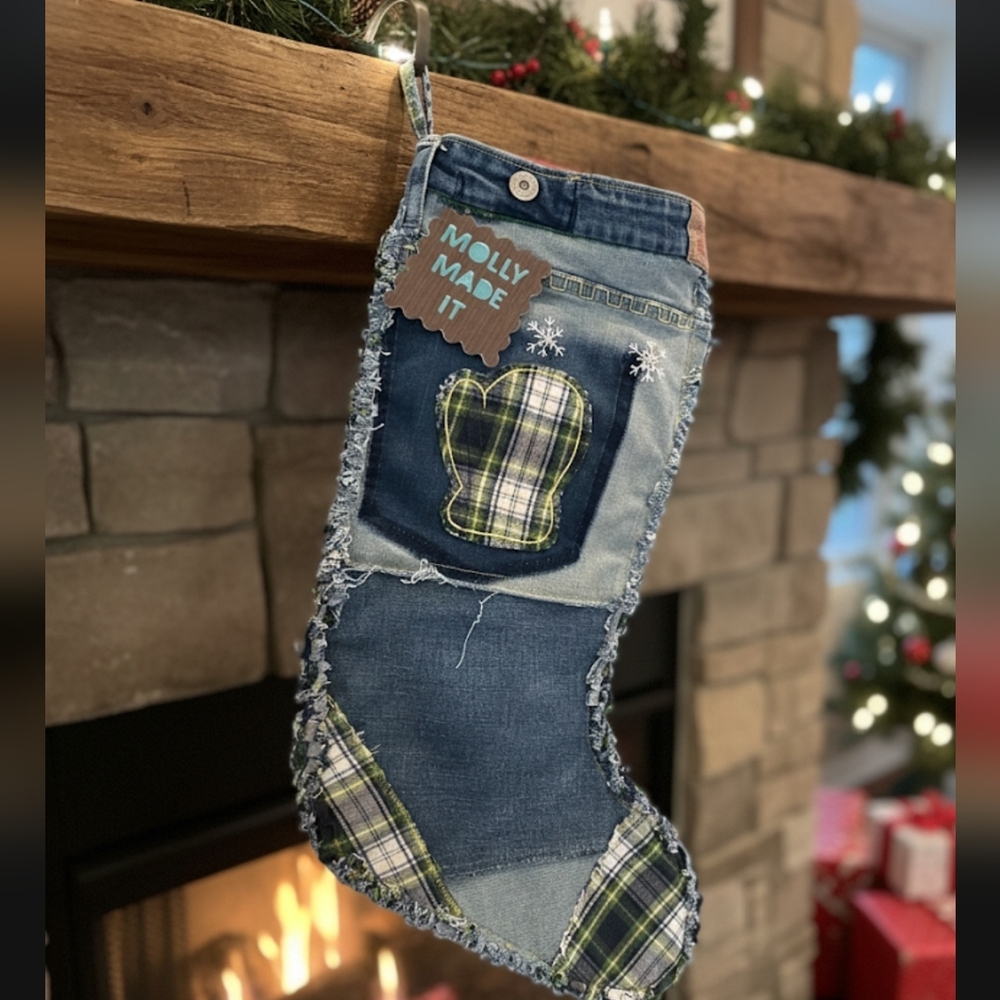 Upcycled Christmas Stocking Hand Crafted Plaid Mitten  & Trim, Blue Jean Denim